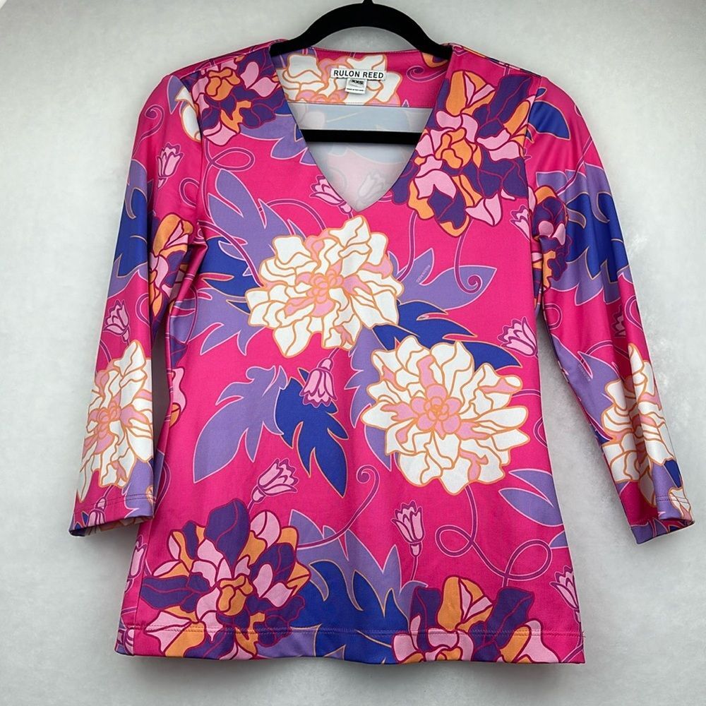 Rulon Reed Floral Print Top Stretchy V-Neck Sz XXS 3/4 Sleeves